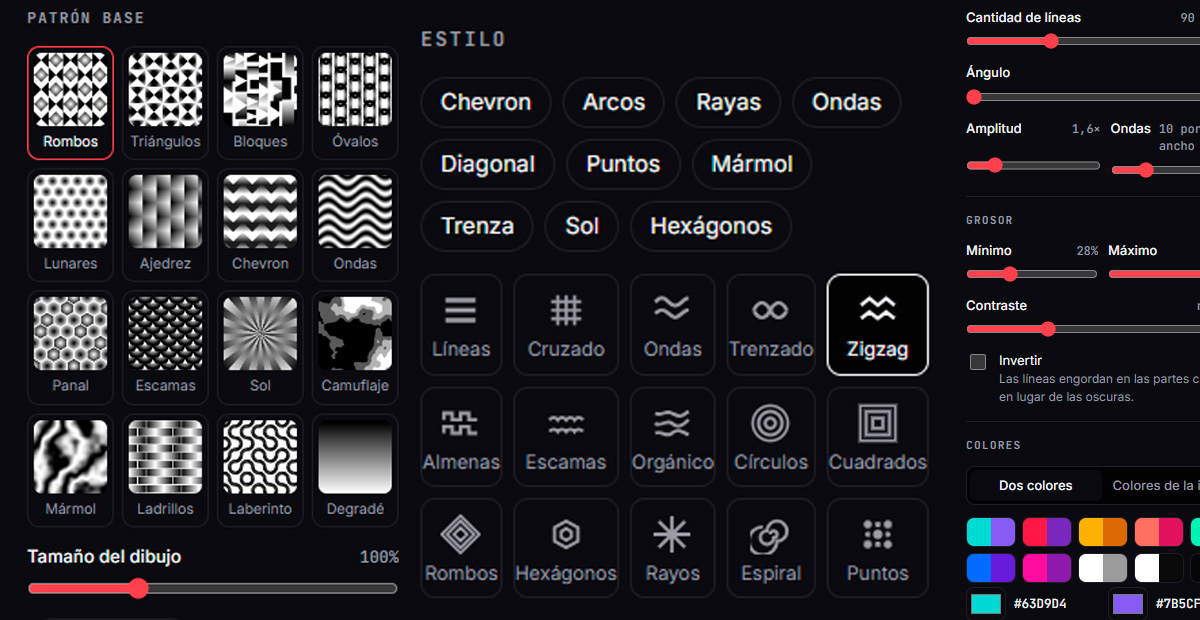 Seis estilos de patrón: chevron, arcos, rayas, ondas, diagonal y puntos