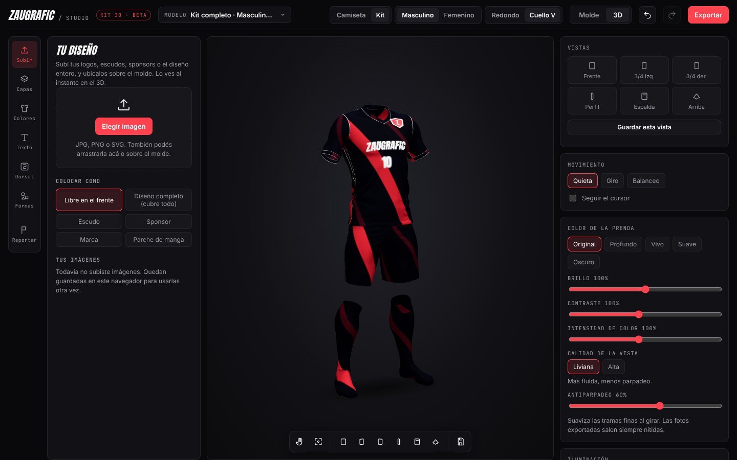 Kit 3D: un kit de fútbol completo con escudo, sponsor y número, visto en 3D