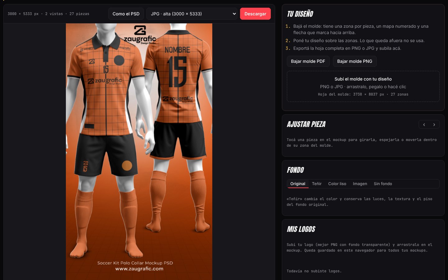 Mockup Express: un kit de fútbol armado a partir del PSD, con los paneles de fondo, logos y capas