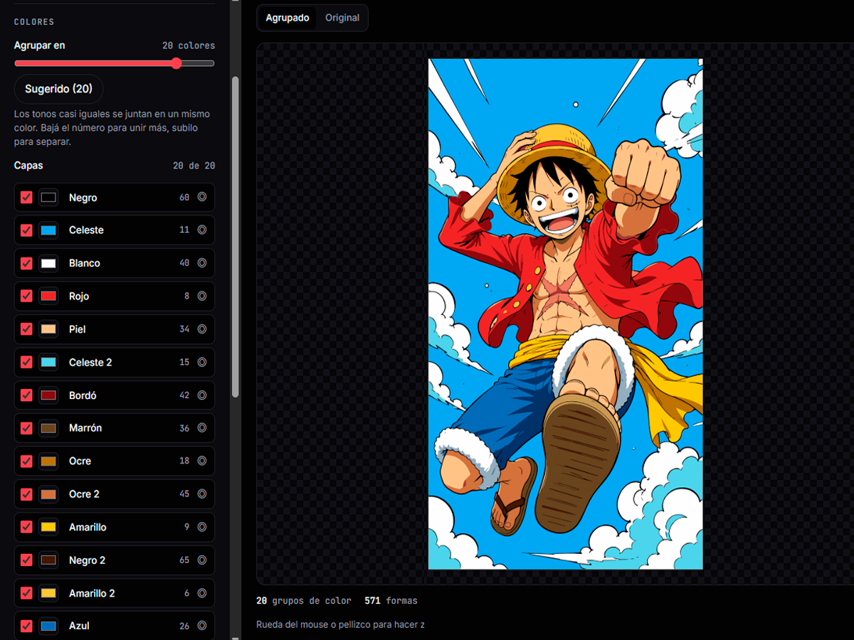 Modo Vector del Studio: lista de capas por color y vista previa